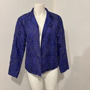Chico's Size 1 Large Metallic Deep Purple 100% Silk Medallion Embroidered Jacket